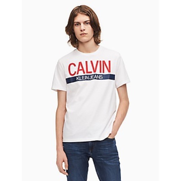 Men’s Calvin Klein Jeans Logo Graphic Monogram Crewneck T-Shirt White Red Medium - Picture 1 of 10
